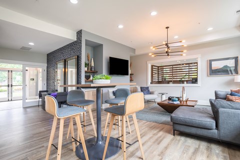 a living room with a bar and a gray couch
