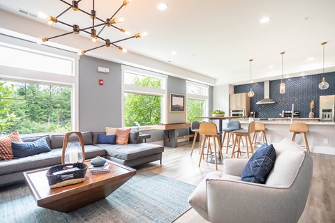a living room with couches and chairs and a kitchen with a table and chairs