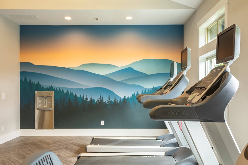 a fitness room with treadmills and a mountain mural on the wall