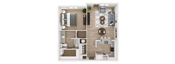A top-down view of a small apartment with a bedroom, living room, and kitchen.