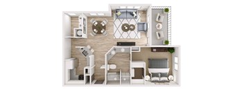 A top-down view of a small apartment layout with a living room, kitchen, and bedroom.