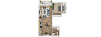 A floor plan of a two-story apartment with a living room, dining room, kitchen, and bedrooms.