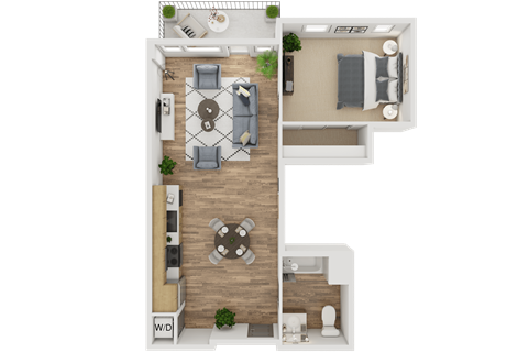 A floor plan of a two-story apartment with a living room, dining room, kitchen, and bedrooms.