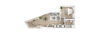 A top-down view of a boat layout with a kitchen, dining area, and living room.