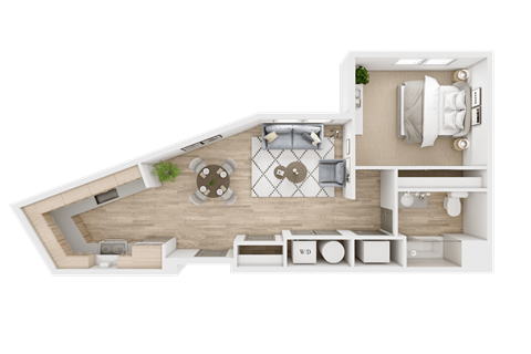 A top-down view of a boat layout with a kitchen, dining area, and living room.