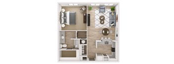 A top-down view of a small apartment with a kitchen, living room, and bedroom.