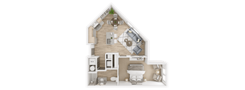 A 3D rendered image of a house layout with a kitchen, living room, dining area, and bathroom.