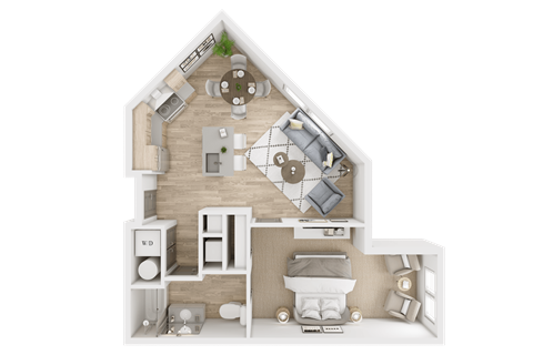 A 3D rendered image of a house layout with a kitchen, living room, dining area, and bathroom.
