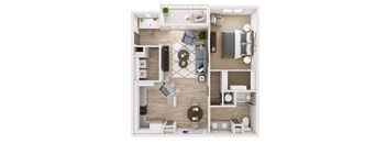 A top-down view of a small apartment layout with labeled rooms.