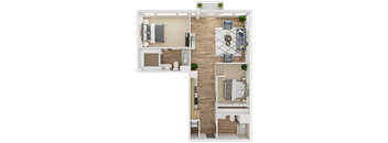 A floor plan of a two-story apartment with a living room, kitchen, dining room, and bathroom.