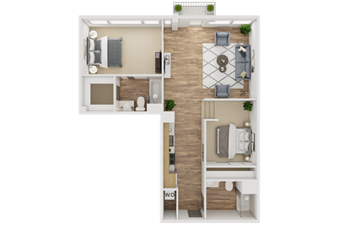 A floor plan of a two-story apartment with a living room, kitchen, dining room, and bathroom.