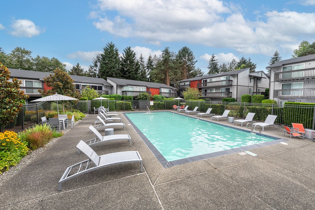 A pool surrounded by sun loungers and trees.