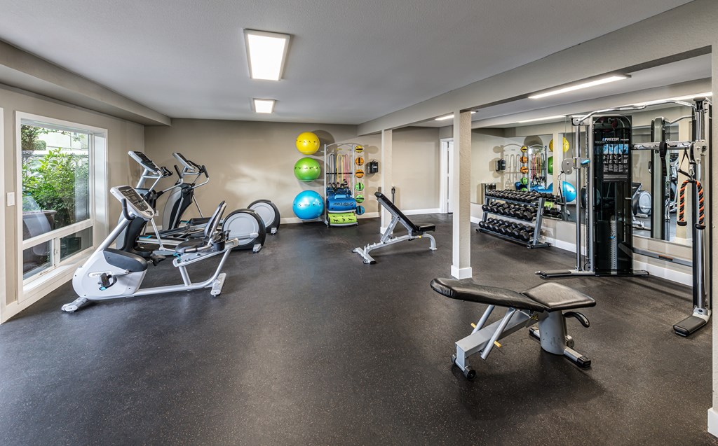 A gym with a variety of equipment including a treadmill, stationary bike, and weight machines.