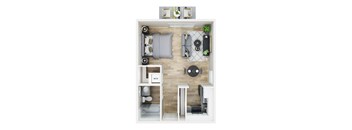A top-down view of a small apartment with a bed, a desk, and a kitchenette.