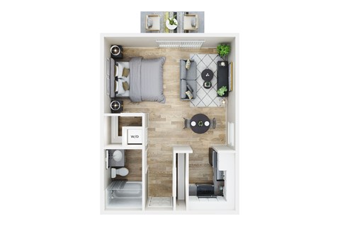 A top-down view of a small apartment with a bed, a desk, and a kitchenette.