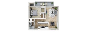 A top-down view of a modern apartment layout with a kitchen, living room, and bedroom.