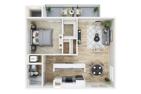 A top-down view of a modern apartment layout with a kitchen, living room, and bedroom.