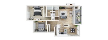 A top-down view of a small apartment with a bedroom, living room, and kitchen.