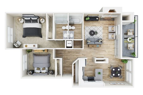 A top-down view of a small apartment with a bedroom, living room, and kitchen.