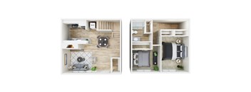 A top-down view of a living room and bedroom with furniture and decor.