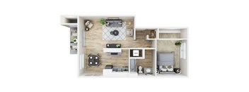 A top-down view of a modern apartment layout with a living room, kitchen, and bedroom.