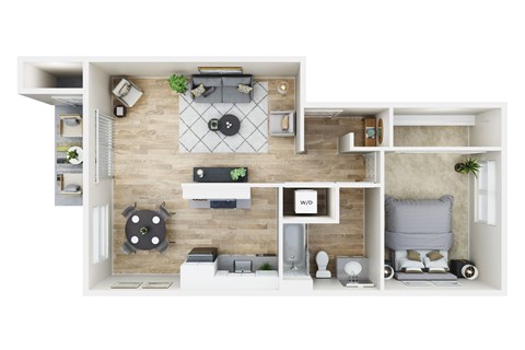 A top-down view of a modern apartment layout with a living room, kitchen, and bedroom.