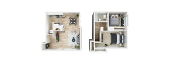 A top-down view of a small apartment with a bedroom and living room.