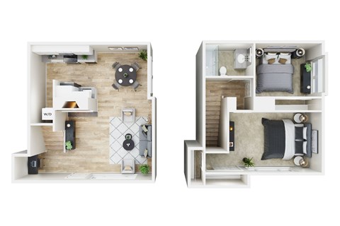 A top-down view of a small apartment with a bedroom and living room.