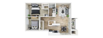 A 3D floor plan of a small apartment with a bedroom, living room, and kitchen.