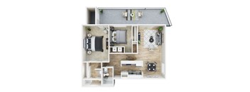 A top-down view of a house layout with a kitchen, living room, and bedrooms.