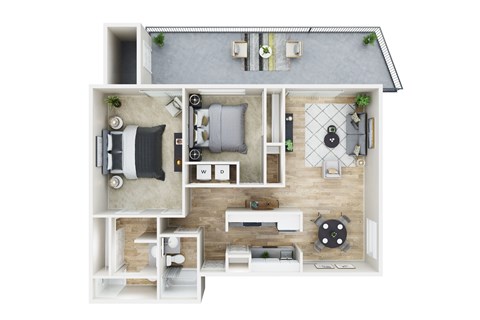 A top-down view of a house layout with a kitchen, living room, and bedrooms.