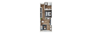 A top-down view of a house layout with a kitchen, living room, and two bedrooms.
