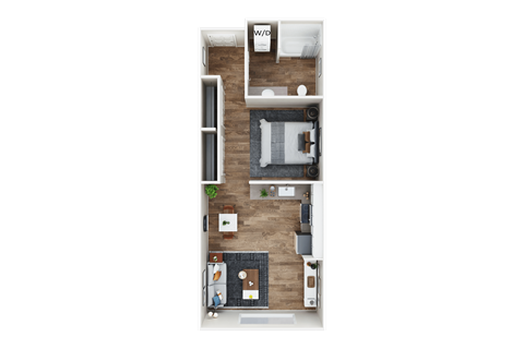 A top-down view of a house layout with a kitchen, living room, and two bedrooms.