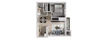 A 3D floor plan of a small apartment with a living room, kitchen, and bedroom.