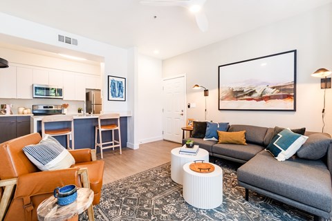 A living room with a grey couch and a coffee table.