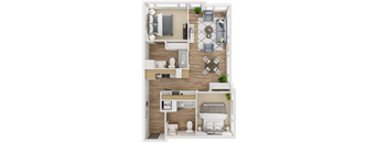 A top-down view of a small apartment with a bedroom, living room, and kitchen.