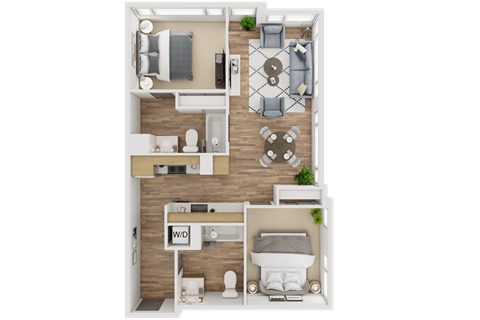 A top-down view of a small apartment with a bedroom, living room, and kitchen.