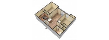 A 3D image of a house layout with a kitchen, living room, and bedrooms.