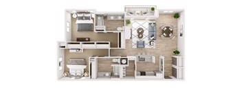 A floor plan of a house with a living room, dining room, kitchen, and two bedrooms.