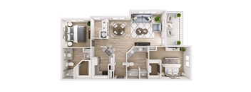 A top-down view of a small apartment layout with labeled rooms.