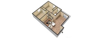 A 3D floor plan of a house with a kitchen, living room, and two bedrooms.