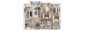 A detailed 3D floor plan of a modern apartment layout.