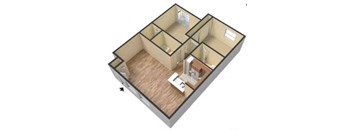 A 3D floor plan of a house with a kitchen, living room, and two bedrooms.