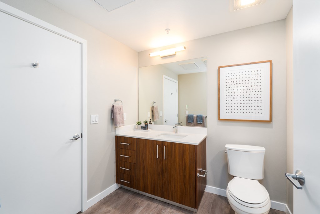 a bathroom with a toilet sink and mirror and a shower
