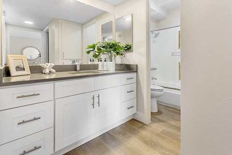 a bathroom with white cabinets and a sink and a toilet