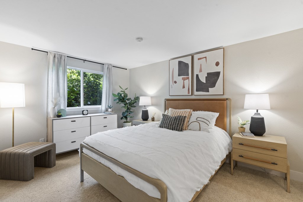 a bedroom with a bed and dressers and a window