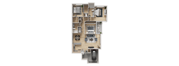 A detailed 3D floor plan of a small apartment layout.