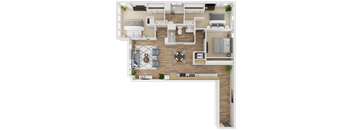 A floor plan of a small apartment with a kitchen, living room, and bathroom.