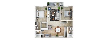 3D 2 bedroom 2 bath floorplan