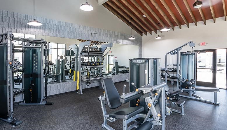 a gym with a lot of exercise equipment and weights